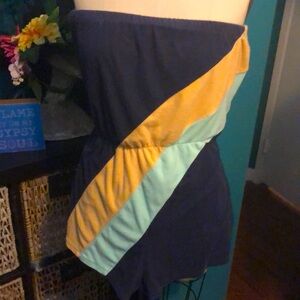 Vintage Lg Terrycloth strapless onepiece short jumper. Navy blue, yellow, mint